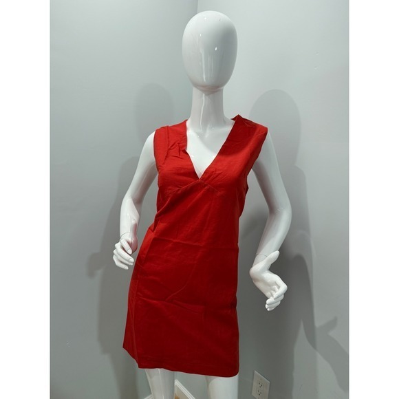 Commense Cotton & Linen V-Neck Short Dress red size M - Picture 7 of 13